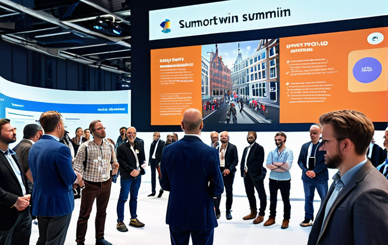 **
"A vibrant, diverse group of people attending a Digital Twin World Summit in Amsterdam. Focus on the networking and learning aspect, showcasing attendees engaged in discussions and presentations about innovative digital twin applications. Modern architecture in the background, reflecting the technological advancement."
**