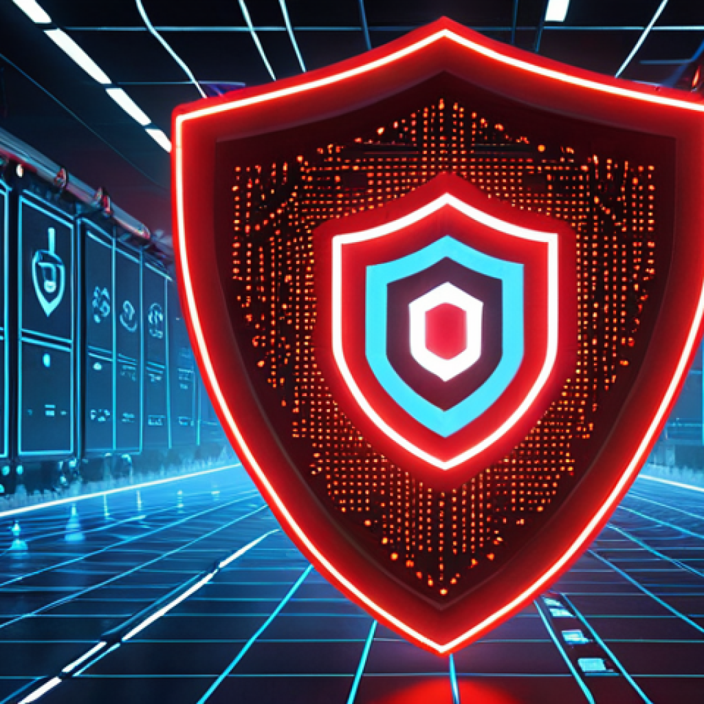 A digital twin of a complex industrial facility, half of which is depicted as vulnerable and exposed with glowing red data streams showing potential weaknesses. The other half is fortified by a robust, interconnected blue network of glowing security protocols and blockchain nodes, symbolizing 'security by design' and proactive threat detection, creating a shield of trust and resilience against cyberattacks. Dynamic lighting, high-tech, futuristic.