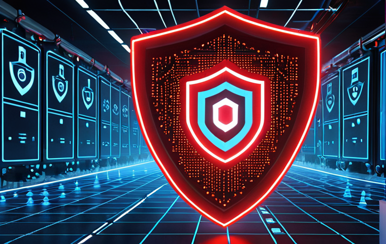 A digital twin of a complex industrial facility, half of which is depicted as vulnerable and exposed with glowing red data streams showing potential weaknesses. The other half is fortified by a robust, interconnected blue network of glowing security protocols and blockchain nodes, symbolizing 'security by design' and proactive threat detection, creating a shield of trust and resilience against cyberattacks. Dynamic lighting, high-tech, futuristic.