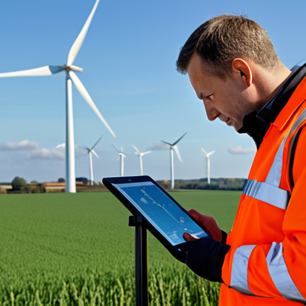 디지털 트윈과 기계 학습의 융합 사례 - Wind Turbine Maintenance**
"A professional engineer inspects a wind turbine using a tablet displayi...