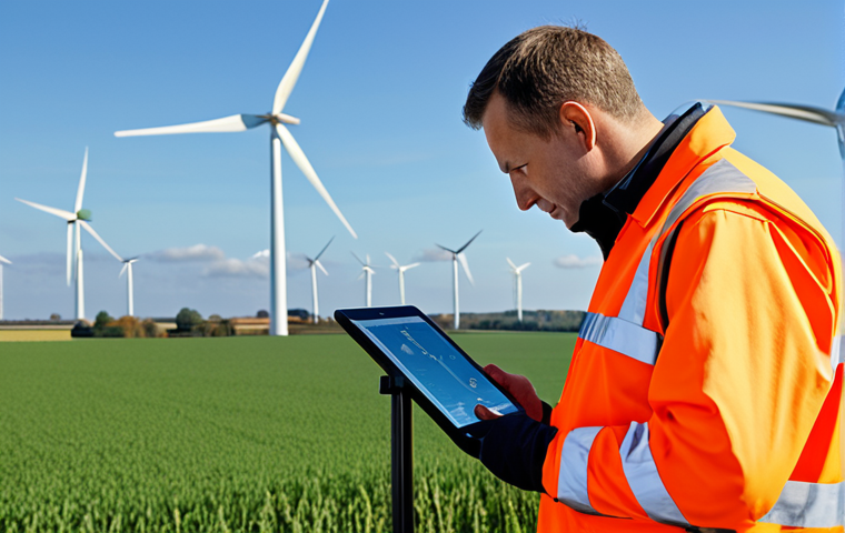 디지털 트윈과 기계 학습의 융합 사례 - Wind Turbine Maintenance**
"A professional engineer inspects a wind turbine using a tablet displayi...