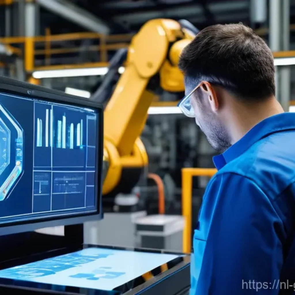 제조업에서 디지털 트윈의 혁신적 사례 - **Prompt:** A state-of-the-art manufacturing facility operating smoothly. In the foreground, a male ...