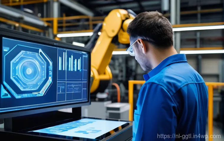 제조업에서 디지털 트윈의 혁신적 사례 - **Prompt:** A state-of-the-art manufacturing facility operating smoothly. In the foreground, a male ...