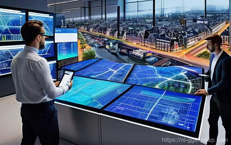 디지털 트윈의 통합 관리 방안 - **Prompt:** A diverse group of well-dressed professionals (architects, city planners, engineers, and...