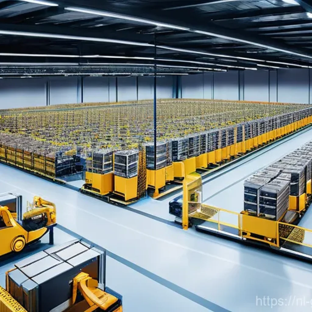 디지털 트윈을 통한 공급망 리스크 관리 - **Prompt 1: Futuristic Automated Warehouse Operations**
A wide-angle, bright, and clean shot ins...