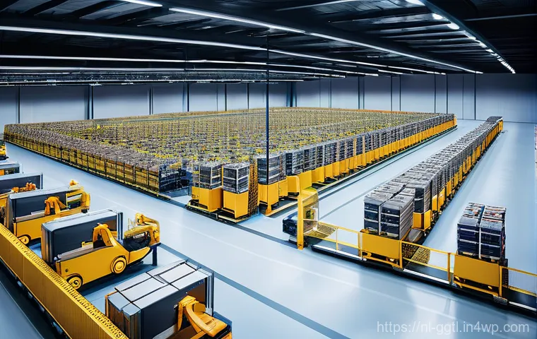 디지털 트윈을 통한 공급망 리스크 관리 - **Prompt 1: Futuristic Automated Warehouse Operations**
A wide-angle, bright, and clean shot ins...