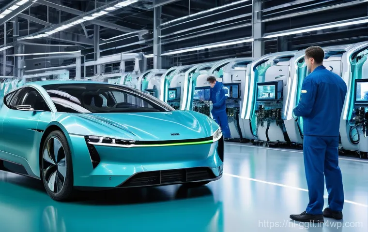 디지털 트윈 기술의 특허 동향 - **Prompt:** "A futuristic factory floor in Europe, bustling with advanced robotic machinery and high...