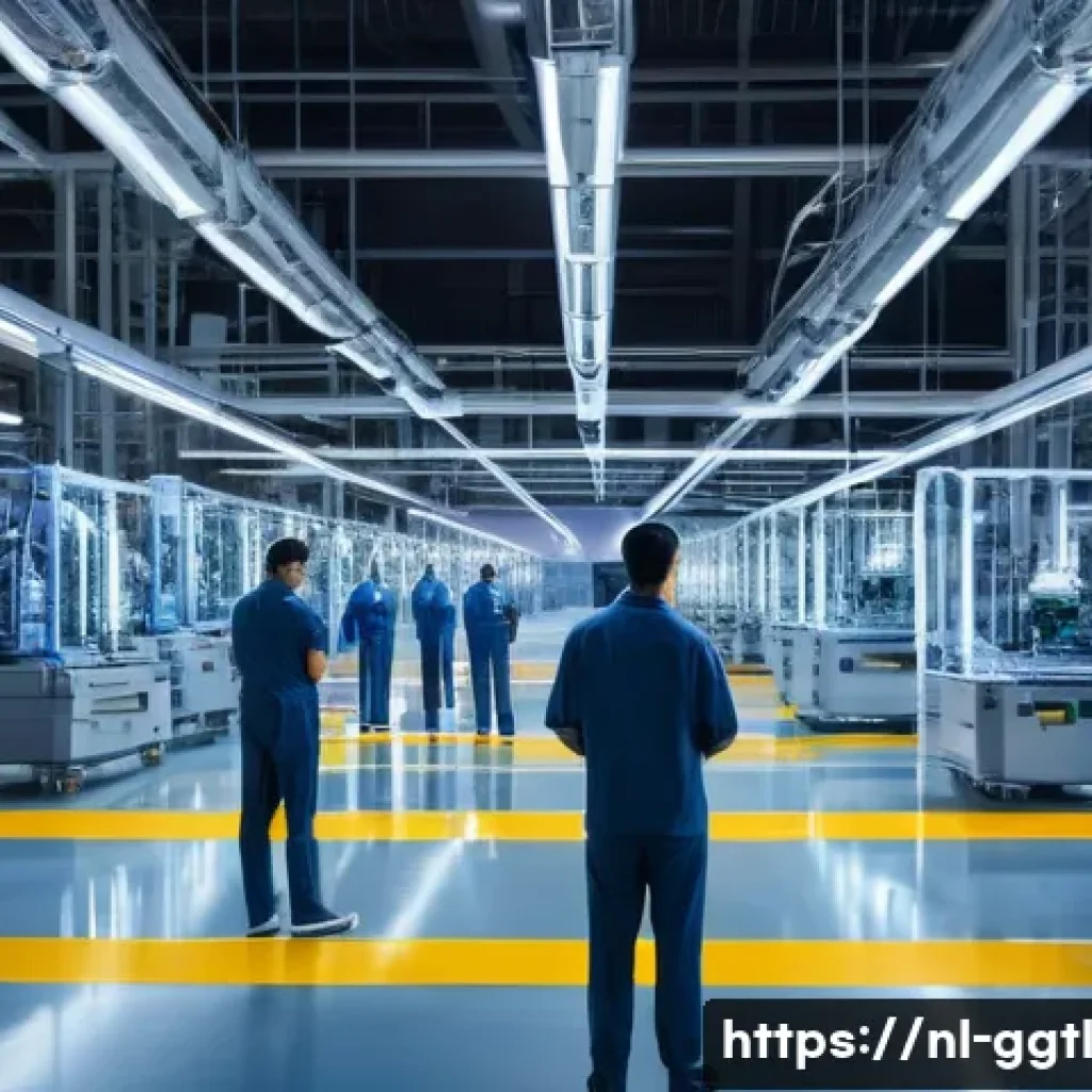 디지털 트윈으로 시뮬레이션한 생산 공정 - **Prompt:** A state-of-the-art, pristine factory floor bathed in soft, futuristic lighting. In the f...