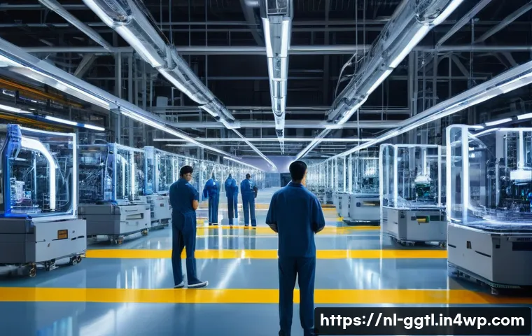 디지털 트윈으로 시뮬레이션한 생산 공정 - **Prompt:** A state-of-the-art, pristine factory floor bathed in soft, futuristic lighting. In the f...