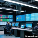 디지털 트윈의 산업별 응용 사례 - A highly detailed digital twin control room inside a modern Dutch manufacturing plant, showing engin...