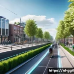 디지털 트윈의 사회적 영향력 분석 - A detailed, futuristic urban scene of Amsterdam showing real-time digital twin technology in action:...