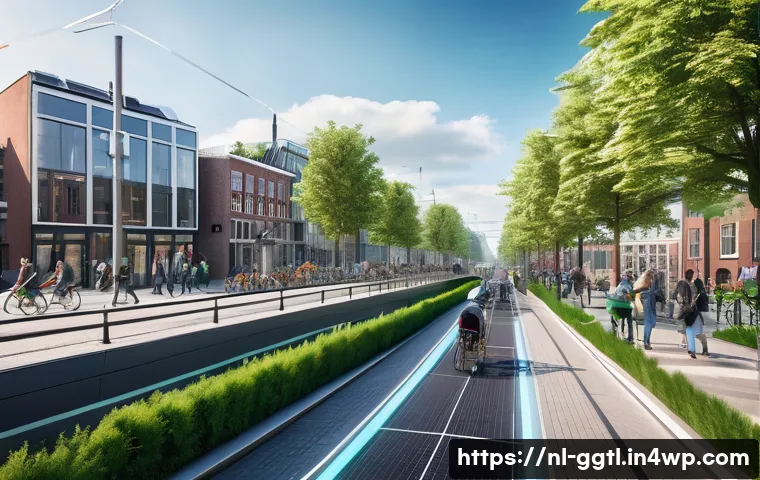 디지털 트윈의 사회적 영향력 분석 - A detailed, futuristic urban scene of Amsterdam showing real-time digital twin technology in action:...