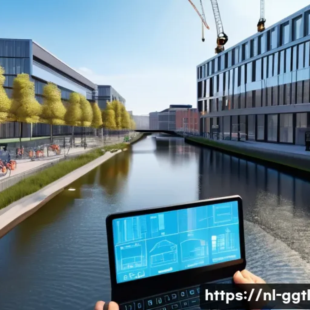 디지털 트윈을 활용한 프로젝트 관리 기법 - A detailed digital twin model of a large urban construction site in the Netherlands, showcasing a mu...
