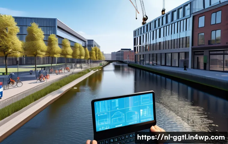 디지털 트윈을 활용한 프로젝트 관리 기법 - A detailed digital twin model of a large urban construction site in the Netherlands, showcasing a mu...