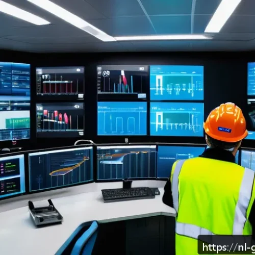 디지털 트윈 기반의 유지보수 전략 - A high-tech industrial control room featuring a large digital twin dashboard displaying real-time da...