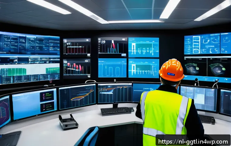 디지털 트윈 기반의 유지보수 전략 - A high-tech industrial control room featuring a large digital twin dashboard displaying real-time da...